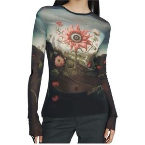 Monse Rose Printed Mesh Top Long Sleeve in Sheer Fabric Size Small